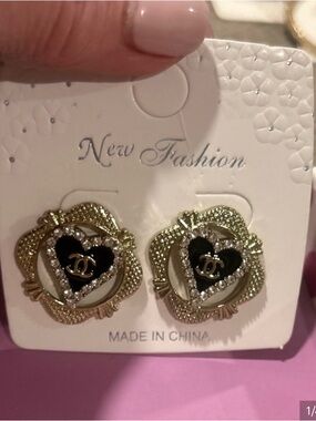 NEW! Gold & Black Heart Earrings with Crystal CC Accents
